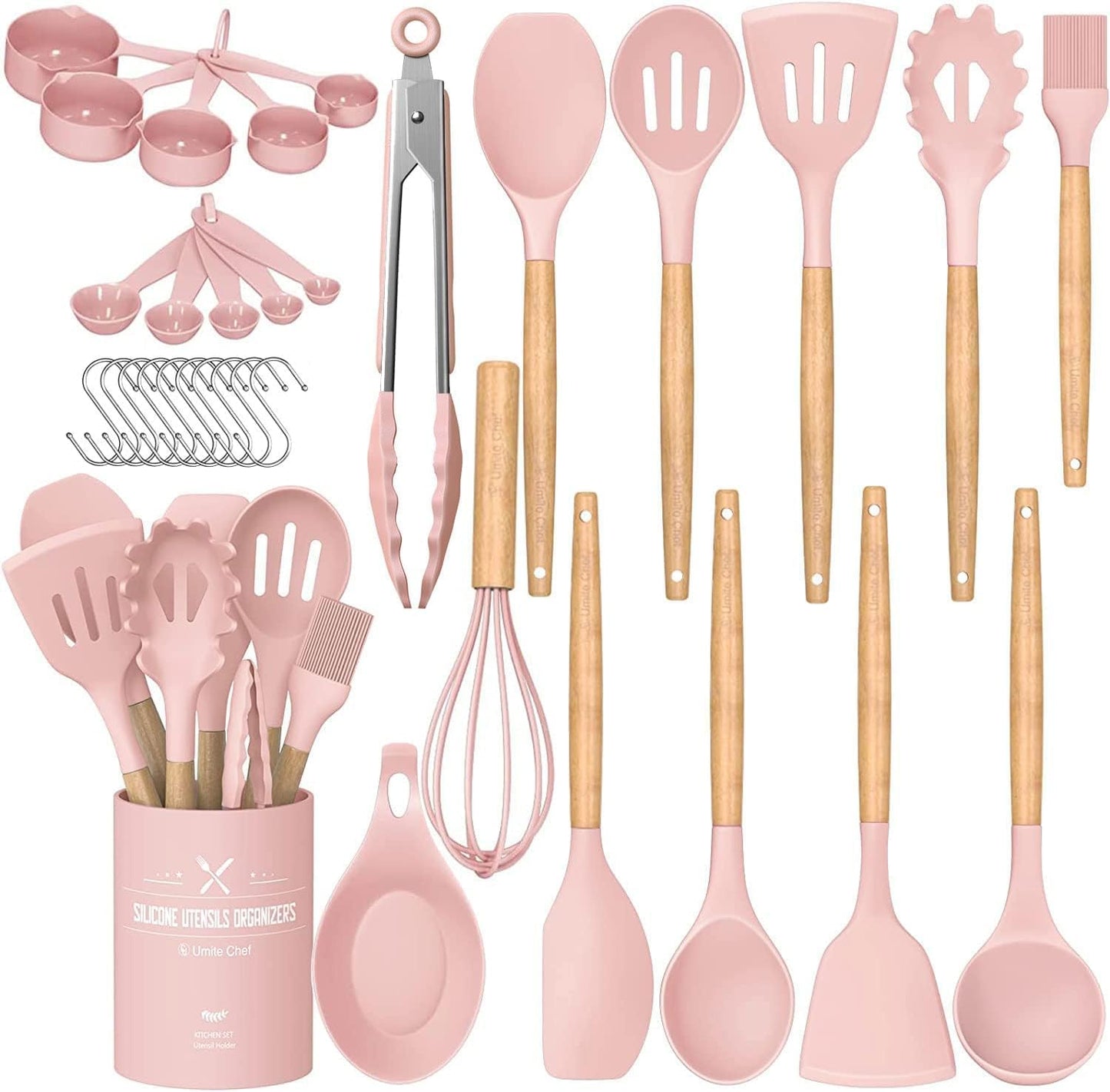 Kitchen Cooking Utensils Set, 33 Pcs Non-Stick Silicone Cooking Kitchen Utensils Spatula Set with Holder, Wooden Handle Silicone Kitchen Gadgets Utensil Set (Khaki)