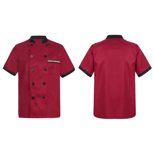 Unisex Chef Coat Short Sleeve Jacket Double-Breasted Kitchen Cooking Uniform Red 3XL