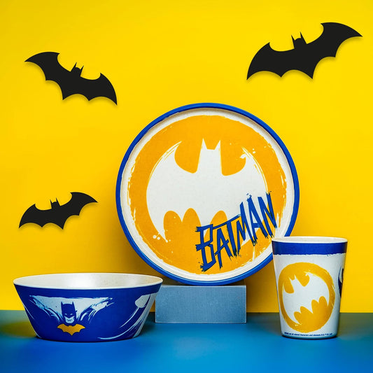 DC Comics Batman Kids Dinnerware Set 3 Pieces, Durable and Sustainable Melamine Bamboo Plate, Bowl, and Tumbler Are Perfect for Dinner Time with Family (Batman, Robin, Batgirl)