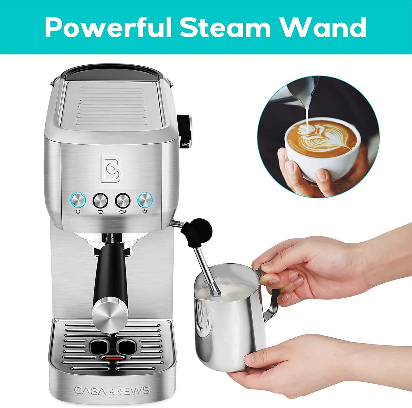 Espresso Machine 20 Bar, Professional Espresso Maker Cappuccino Machine with Steam Milk Frother, Stainless Steel Espresso Coffee Machine with 49Oz Removable Water Tank, Silver