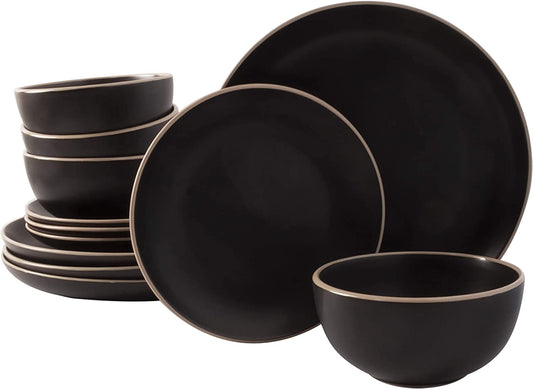 Rockaway round Stoneware Dinnerware Sets, Service for 4 (12Pcs), Black