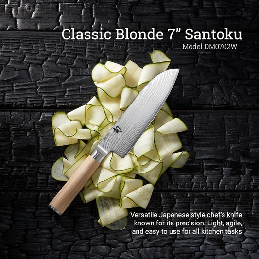 Classic Blonde 7" Santoku Knife, Handcrafted Japanese All Purpose Knife, VG-MAX Core with Damascus Stainless Steel Cladding, Pakkawood Handle, Versatile Japanese Cutting Knife