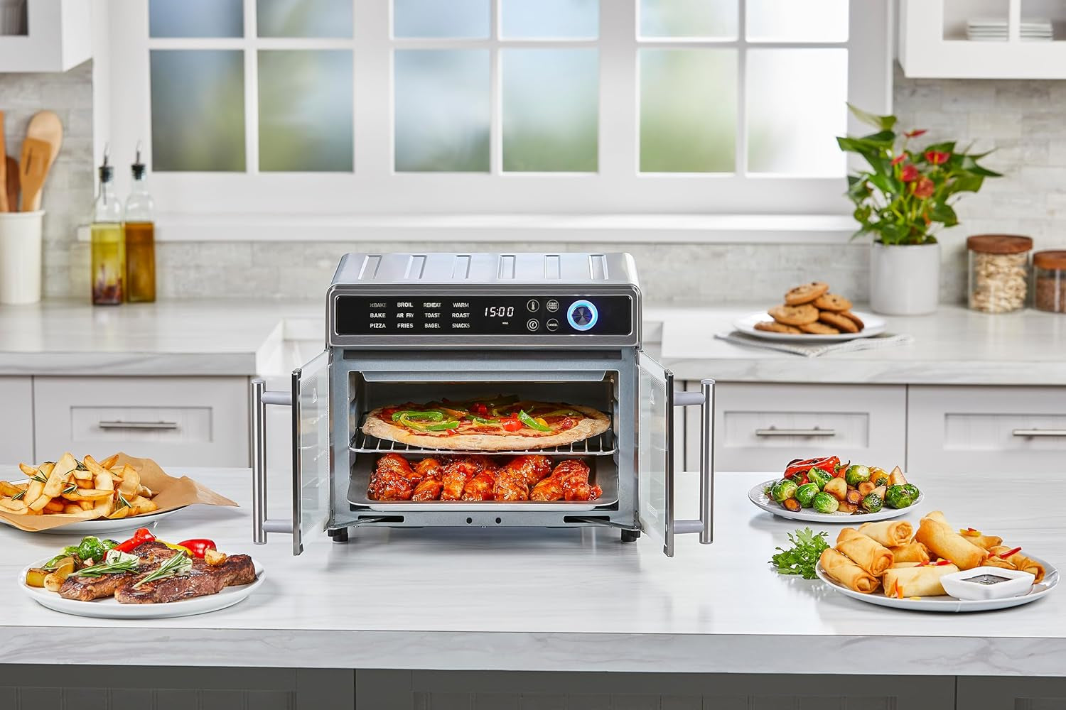 Crisp 'N Bake Air Fryer Toaster Oven Combo, 12 in 1 Countertop Convection Oven Cooks Food Fast, Fits a Whole Pizza or 6 Toast Slices, French Doors with Stainless Steel Finish