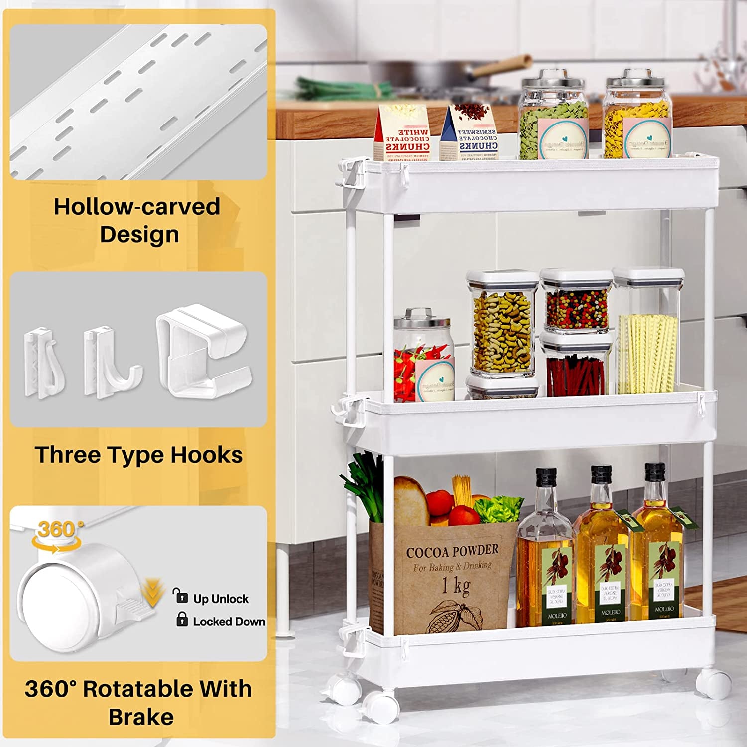 Slim Rolling Storage Cart, 3 Tier Bathroom Storage Organizer Laundry Room Utility Cart Mobile Shelving Unit, Multi-Purpose for Kitchen Office Bathroom Laundry Narrow Places, White