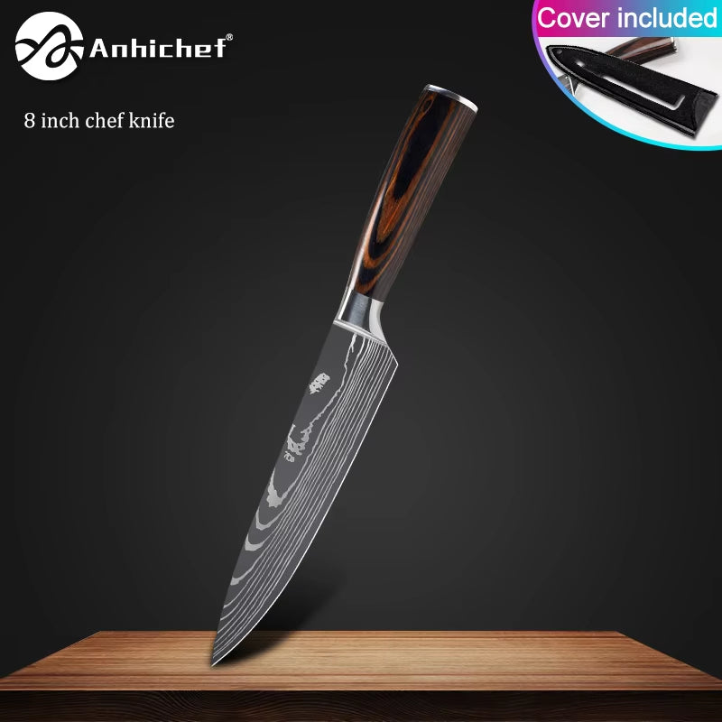 Professional Kitchen Knives Stainless Steel 7CR17 440C Laser Damascus Japanese Santoku Cleaver Slicing Utility Chef Knife Set