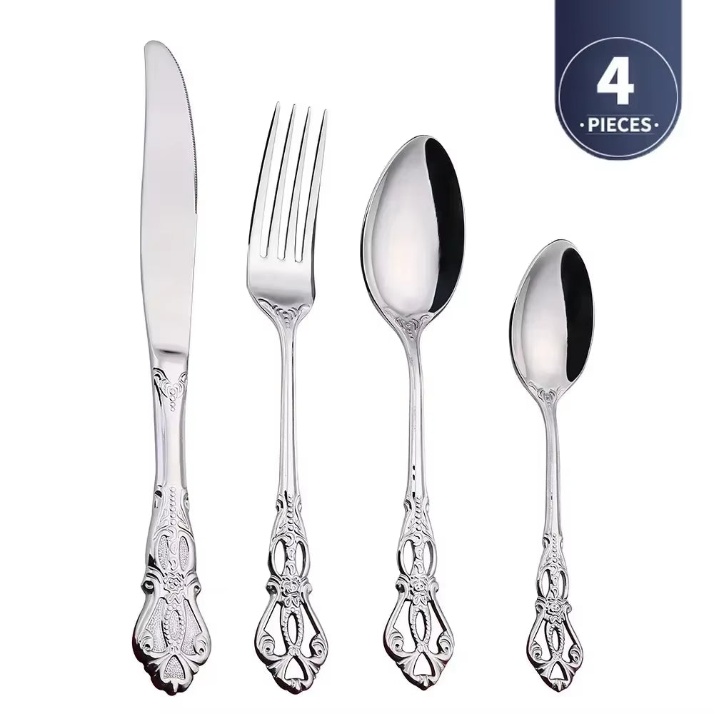 Golden Stainless Steel Cutlery Set Royal European Spoon Fork Complete Tableware Retro Design Dishwasher Safe Elegant Flatware