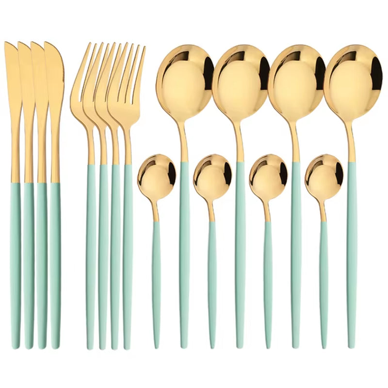 16Pcs Green Gold Dinnerware Stainless Steel Cutlery Set Knife Fork Tea Spoon Dinner Flatware Set Kitchen Silverware Tableware