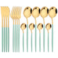 16Pcs Green Gold Dinnerware Stainless Steel Cutlery Set Knife Fork Tea Spoon Dinner Flatware Set Kitchen Silverware Tableware