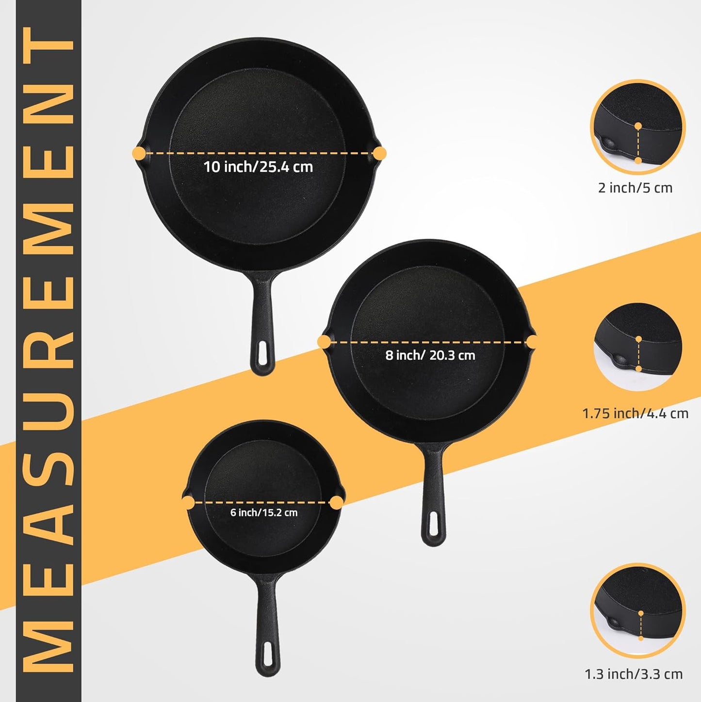 Saute Fry Pan - Pre-Seasoned Cast Iron Skillet Set 3-Piece - Frying Pan - 6 Inch, 8 Inch and 10 Inch Cast Iron Set - Cooking Gift for Men & Women (Black)