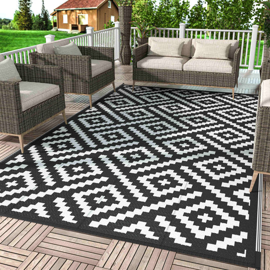 Outdoor Rug Patio Clearance,6'X9' Waterproof Mat,Reversible Plastic Camping , Black & White