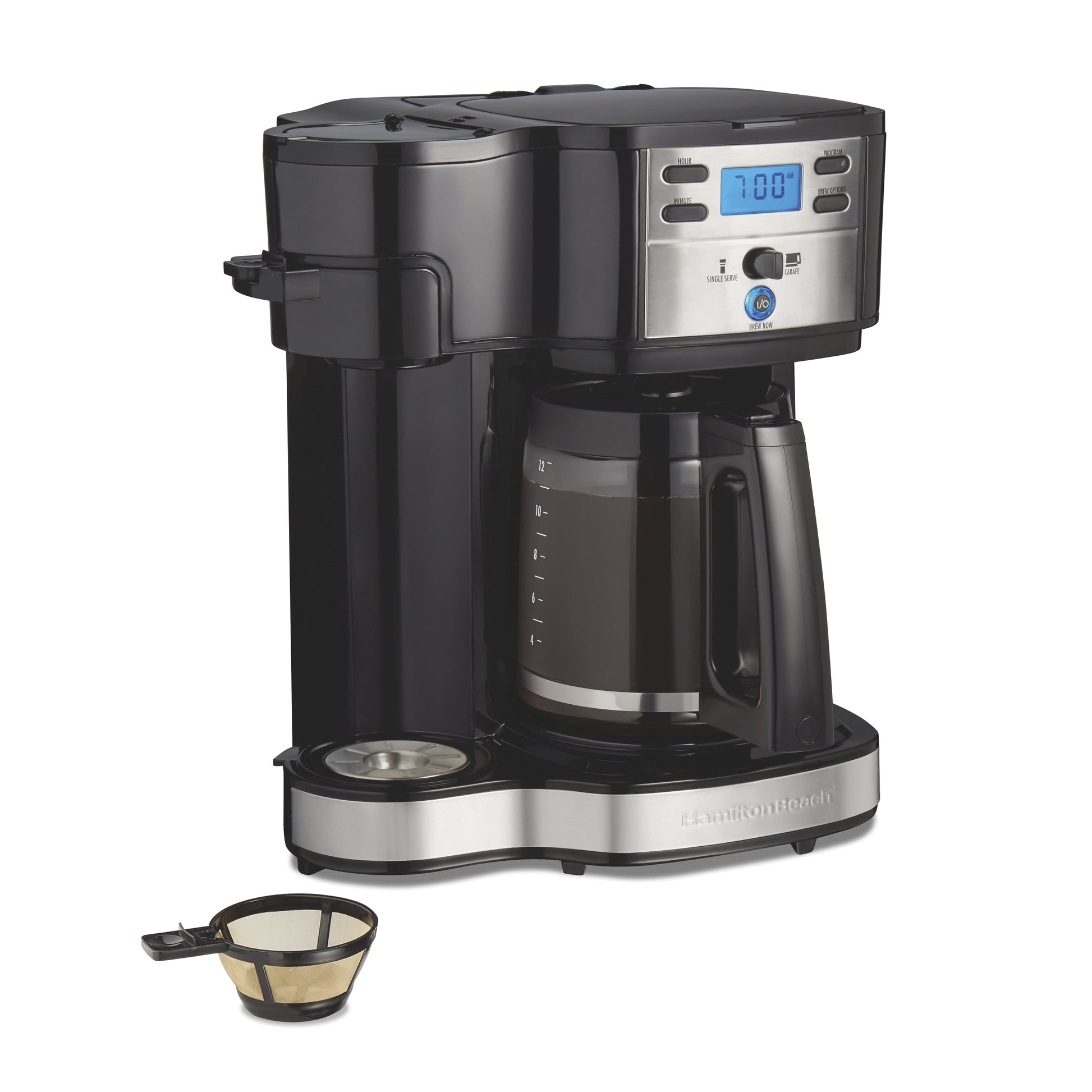 2-Way Programmable Coffee Maker, Single-Serve and 12-Cup Pot, Glass Carafe, Stainless Steel, New, 47650