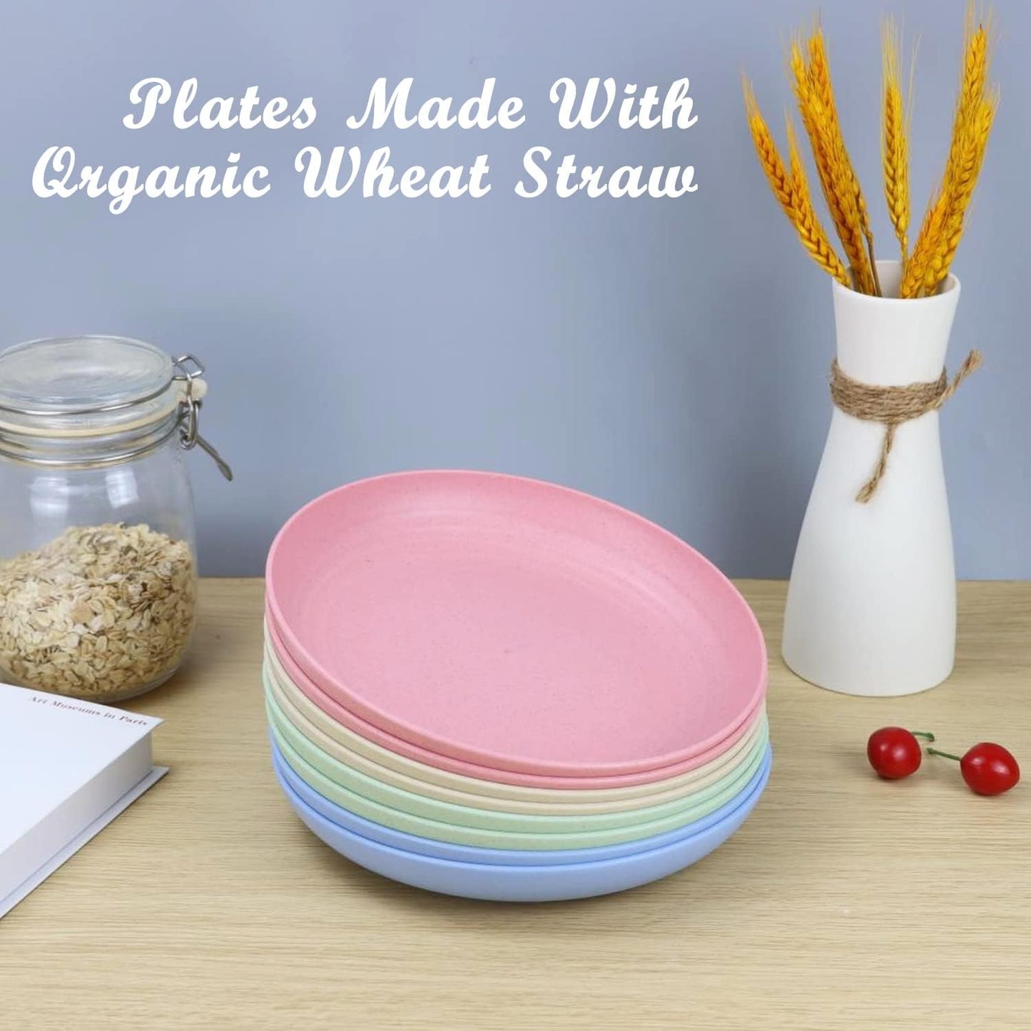 Deep Dinner Plates Set of 8 Alternative for Plastic Plates Microwave and Dishwasher Safe Wheat Straw Plates for Kitchen Unbreakable Wheat Straw Plates with 4 Colors (Fresh Light, 9 Inch)