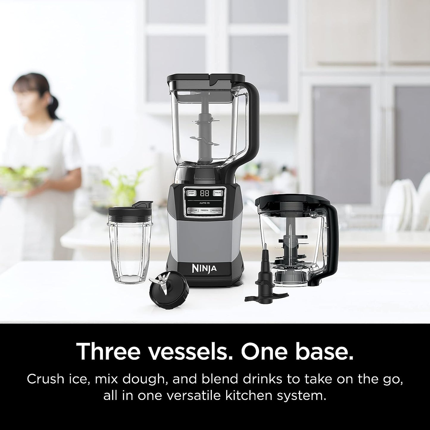 Blender, Compact Kitchen System, 1200W, 3 Functions for Smoothies, Dough & Frozen Drinks with Auto-Iq, 72-Oz.* Blender Pitcher, 40-Oz. Processor Bowl & 18-Oz. Single-Serve Cup, Grey, AMZ493BRN