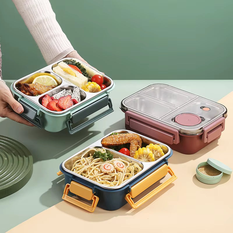 304 Stainless Steel Lunch Box with Tableware for Adults Kids Leakproof Lunch Container Portable Grids Bento Box Food Containers