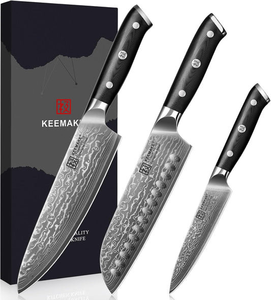 Damascus Knife Set 3 PCS, Razor Sharp Kitchen Knife Set, 67 Layers Damascus Steel Knife, Japanese Chef Knife Set with Full Tang Ergonomic Handle, Kitchen Knives for Meat Vegetable Cutting