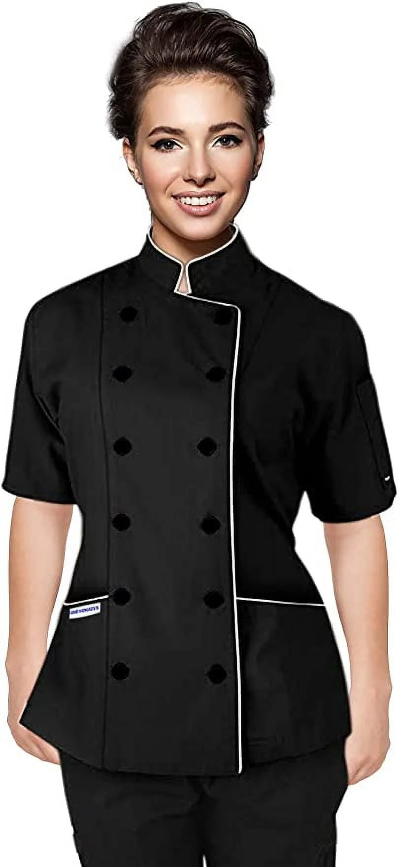 Short Sleeves Tailored Fit Chef Coat Jacket Uniform for Women for Food Service, Caterers, Bakers and Culinary Professional (Black/White Trim, Large)