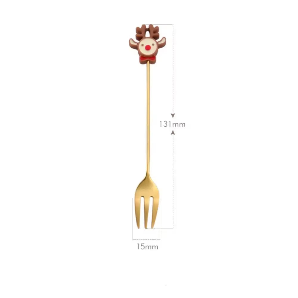 Christmas Spoons Forks Set Stainless Steel Gold Silver Coffee Spoons Cute Elk Christmas Tree Gingerbread Man Salad Dessert Fork