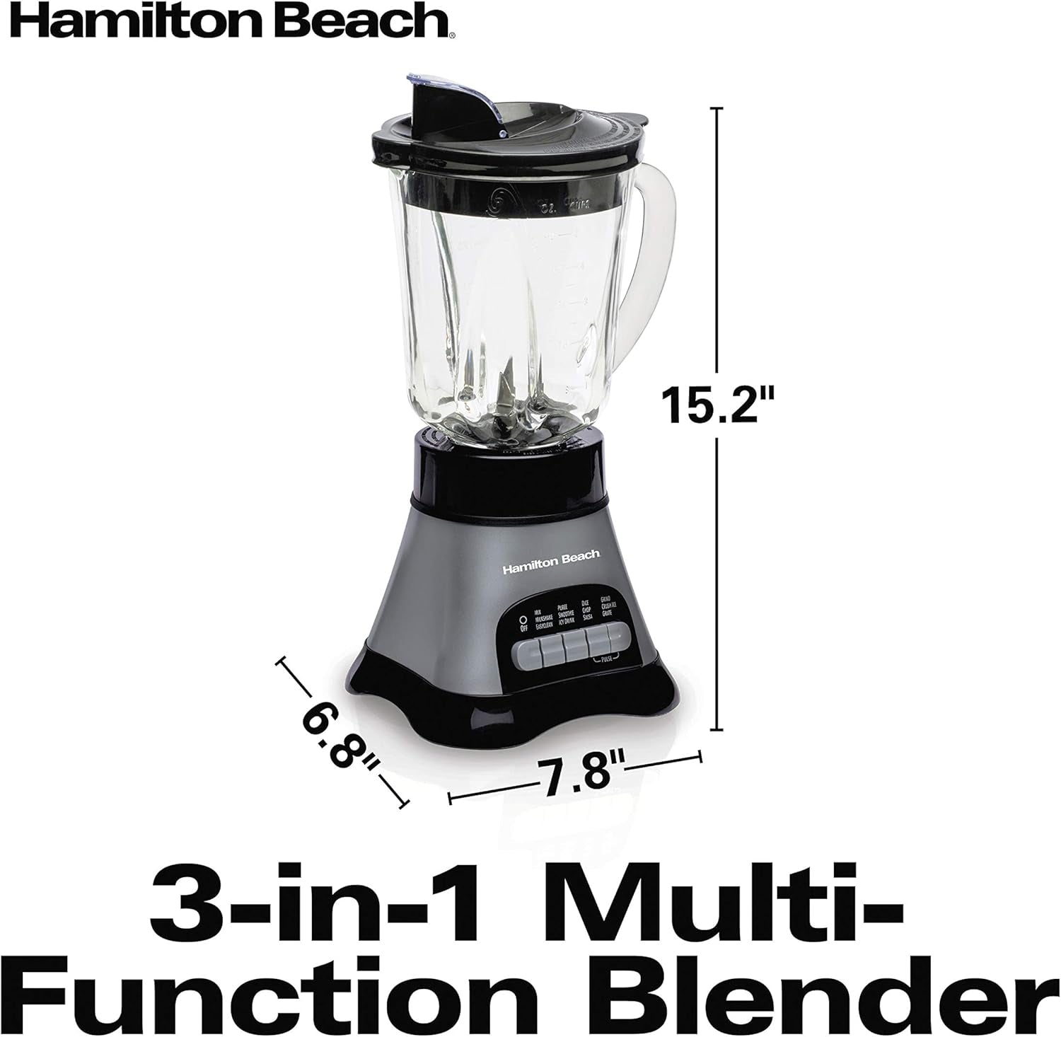 Blender for Shakes and Smoothies & Food Processor Combo, with 40Oz Glass Jar, Portable Blend-In Travel Cup & 3 Cup Electric Food Chopper Attachment, 700 Watts, Gray & Black (58163)