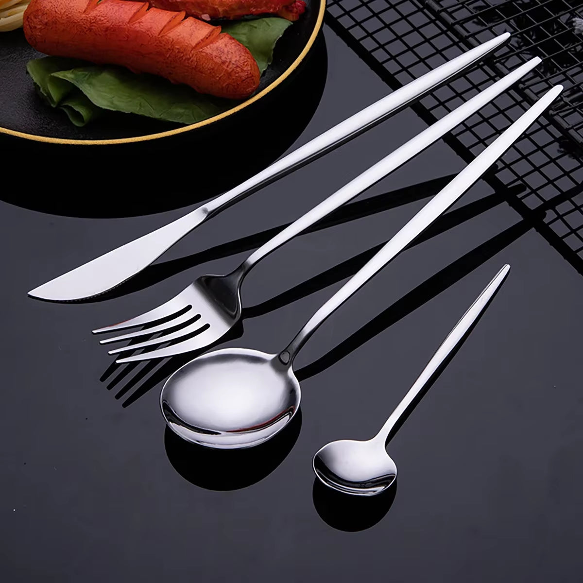 30Pcs Dinnerware Set Stainless Steel Black Tableware Set Knife Fork Spoon Teaspoon Cutlery Western Mirror Kitchen Silverware Set