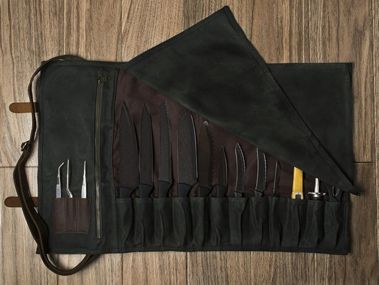 Waxed Canvas Knife Roll - 15 Knife Slots, Card Holder and Large Zippered Pocket - Genuine Leather, Cloth and Brass Buckles - for Chefs and Culinary Students - Knives Not Included