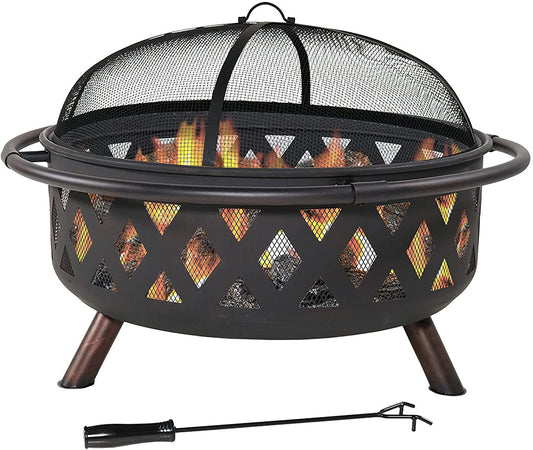 Black Crossweave Steel Wood-Burning Outdoor Fire Pit - Includes Spark Screen, Poker and Cover - 36-Inch Round