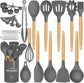 Kitchen Cooking Utensils Set, 33 Pcs Non-Stick Silicone Cooking Kitchen Utensils Spatula Set with Holder, Wooden Handle Silicone Kitchen Gadgets Utensil Set (Khaki)