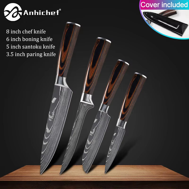 Professional Kitchen Knives Stainless Steel 7CR17 440C Laser Damascus Japanese Santoku Cleaver Slicing Utility Chef Knife Set