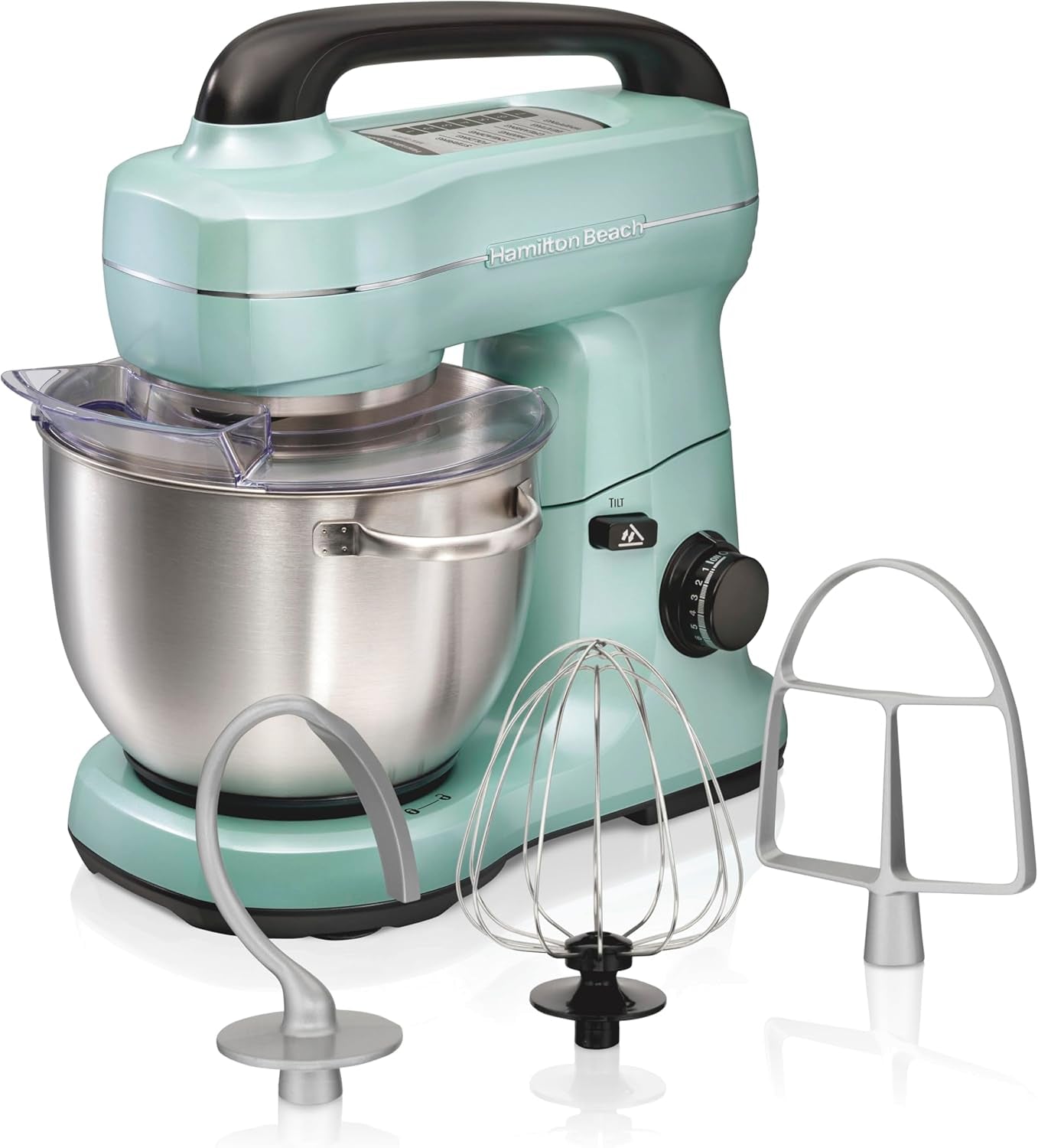 Electric Stand Mixer, 4 Quarts, Dough Hook, Flat Beater Attachments, Splash Guard, 7 Speeds with Whisk, Aqua