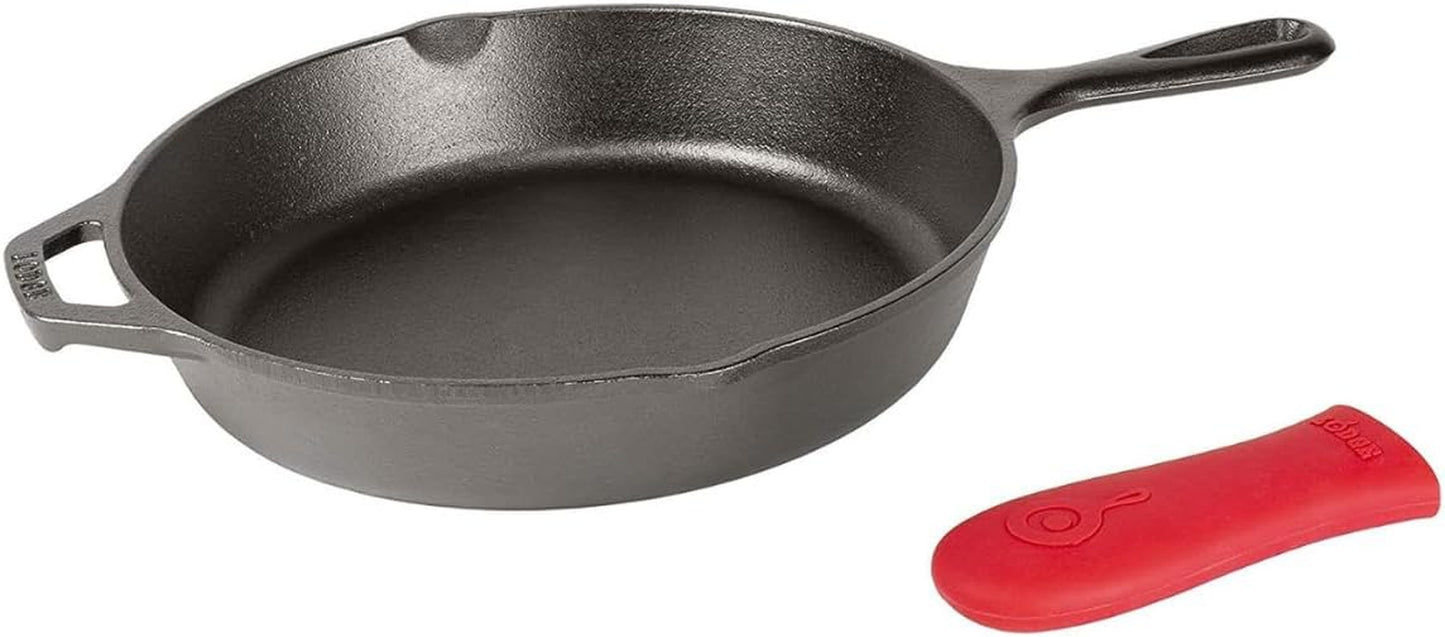 Cast Iron Skillet with Red Silicone Hot Handle Holder, 12-Inch