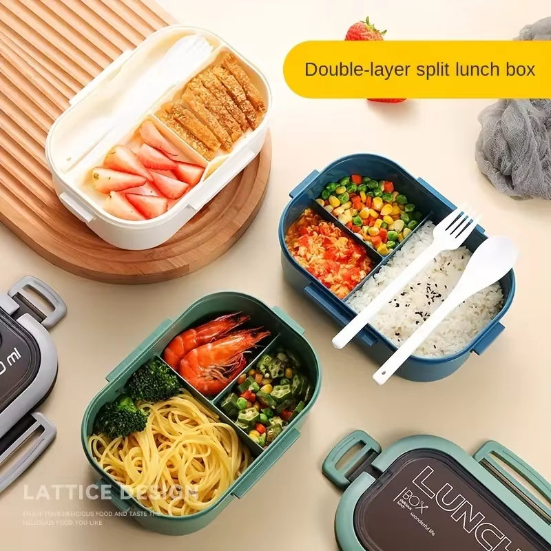 1 Set Lunch Box Thickened Plastic Divided Compartment 2 Layer Meal Box Office Worker Bento Box Microwave Oven Available