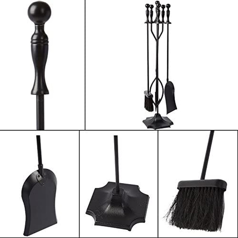 5 Pcs Fireplace Tools Sets Black Handle Wrought Iron Large Fire Tool Set and Holder Outdoor Fireset Fire Pit Stand