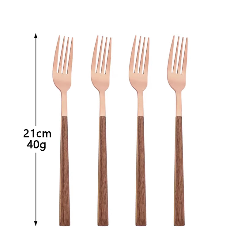 4/12/16Pcs Silver Cutlery Set Chopsticks Knife Fork Spoon Imitation Wooden Handle Korean Dinnerware Set Luxury Tableware Set