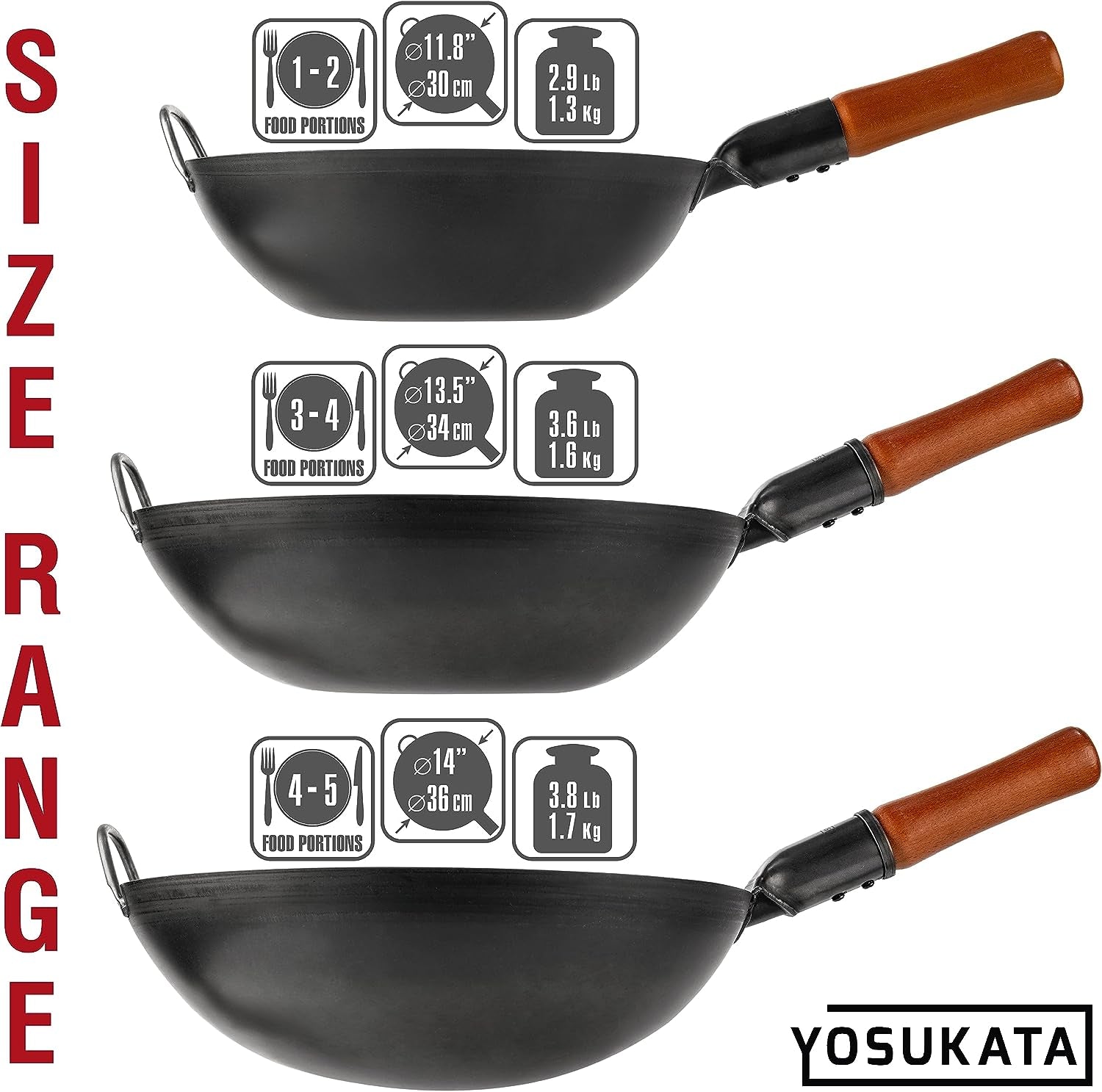 Carbon Steel Wok Pan – 13,5 “ Stir Fry Pans - Chinese Wok with Flat Bottom Pow Wok - Traditional Japanese Woks - Black Carbon Steel