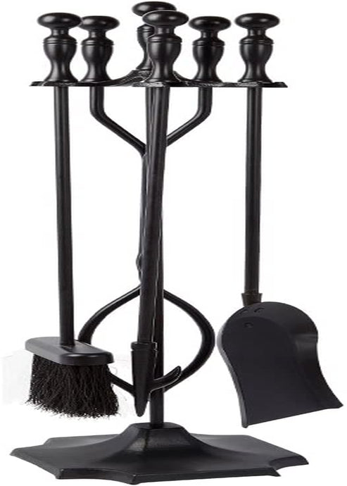 5 Pcs Fireplace Tools Sets Black Handle Wrought Iron Large Fire Tool Set and Holder Outdoor Fireset Fire Pit Stand