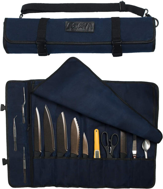 Canvas Chef Knife Roll Bag - 10 Knife Slots and a Large Zipper Pocket - Durable 10Oz Canvas Knife Case with an Adjustable Shoulder Strap - Knives Not Included