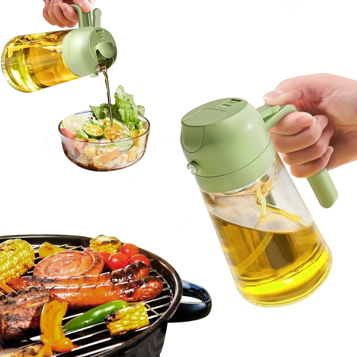 Oil Sprayer for Cooking, 2 in 1 Olive Oil Dispenser Bottle for Kitchen, 16Oz/470Ml Premium Glass Oil Bottle, Food-Grade Oil Mister for Air Fryer, Salad, Frying, BBQ (Black)