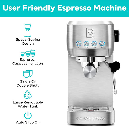 Espresso Machine 20 Bar, Professional Espresso Maker Cappuccino Machine with Steam Milk Frother, Stainless Steel Espresso Coffee Machine with 49Oz Removable Water Tank, Silver