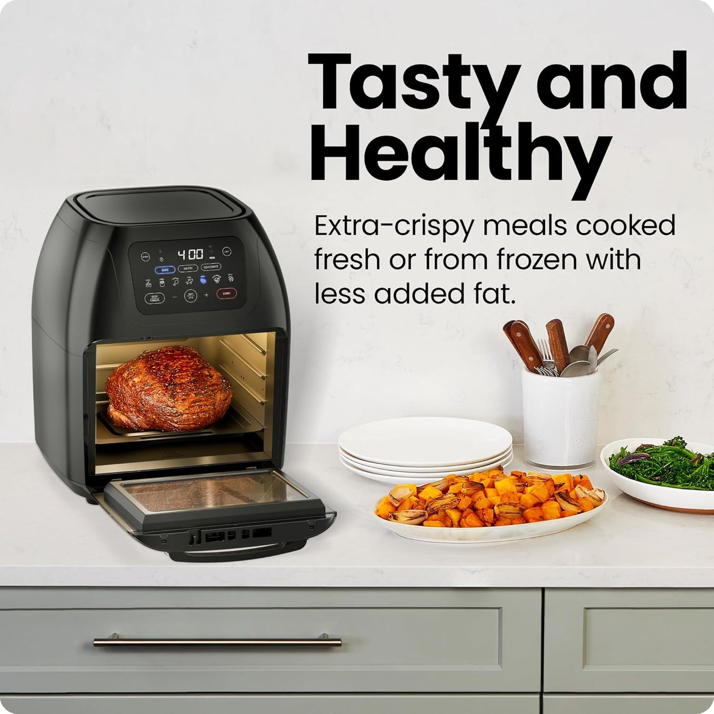 Multifunctional Digital Air Fryer+ Rotisserie, Dehydrator, Convection Oven, 17 Touch Screen Presets Fry, Roast, Dehydrate, Bake, XL 10L Family Size, Auto Shutoff, Large Easy-View Window, Black