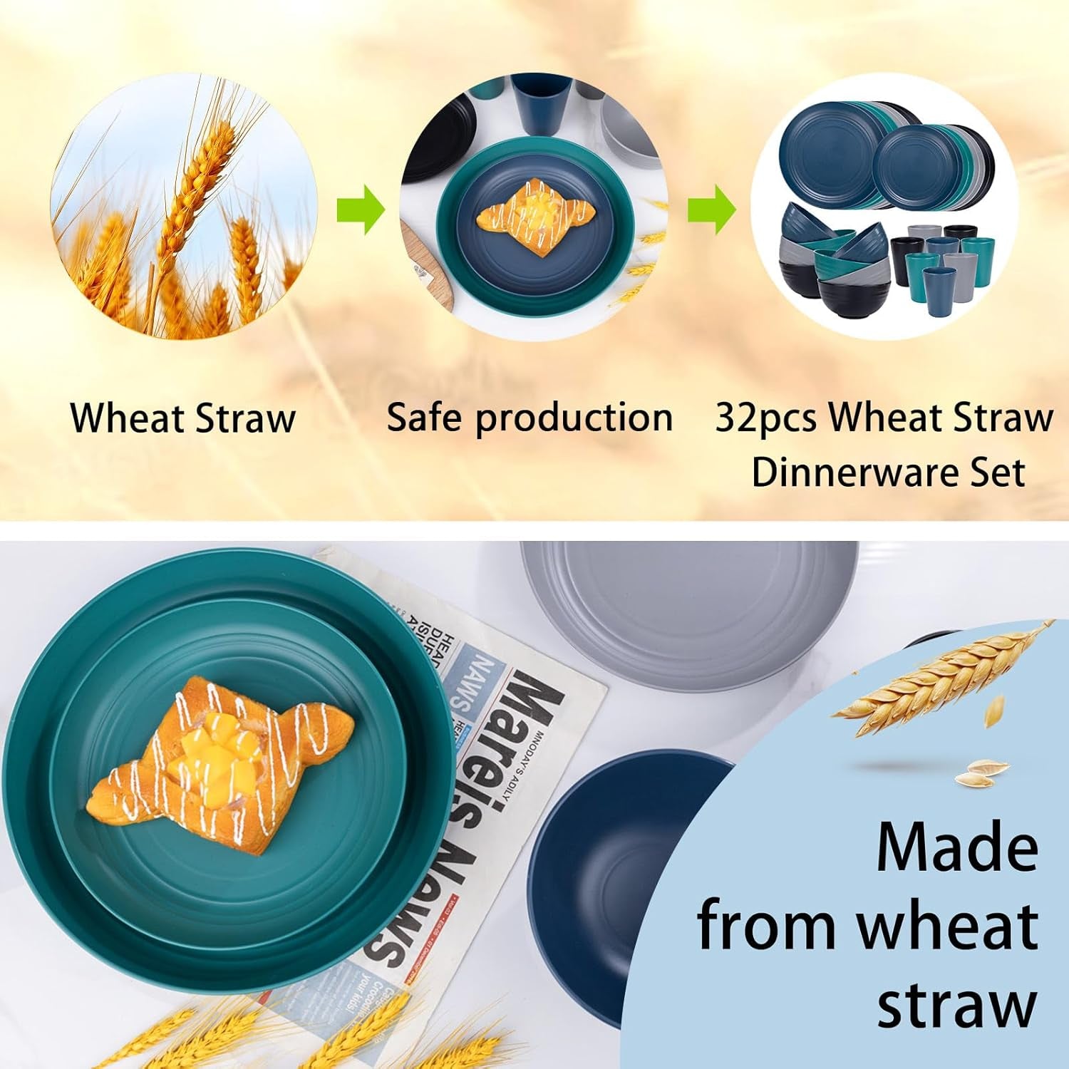 32Pcs Wheat Straw Dinnerware Sets,Plastic Plates and Bowls Sets for 8,Unbreakable Plates and Bowls Sets Dishwasher Safe Microwave Safe Fun Colors Perfect for Cooking Family Camping Picnics