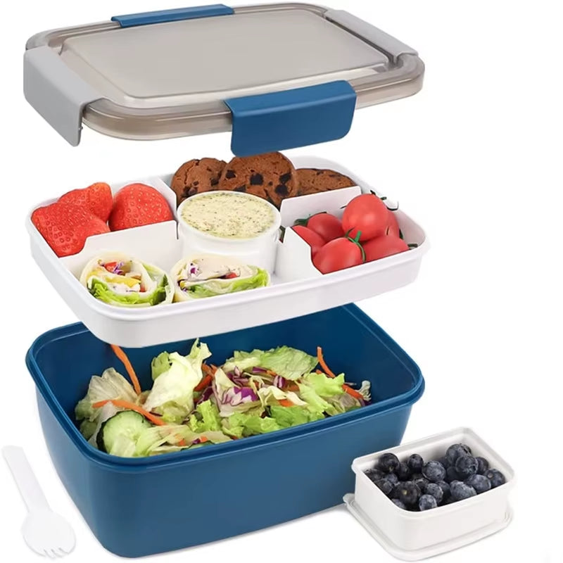 Large Microwave Safe Bento Box Big Salad Food Container 4 Compartment Tray Bpa-Free Lunch Box Salad Bowl with Dressing Container