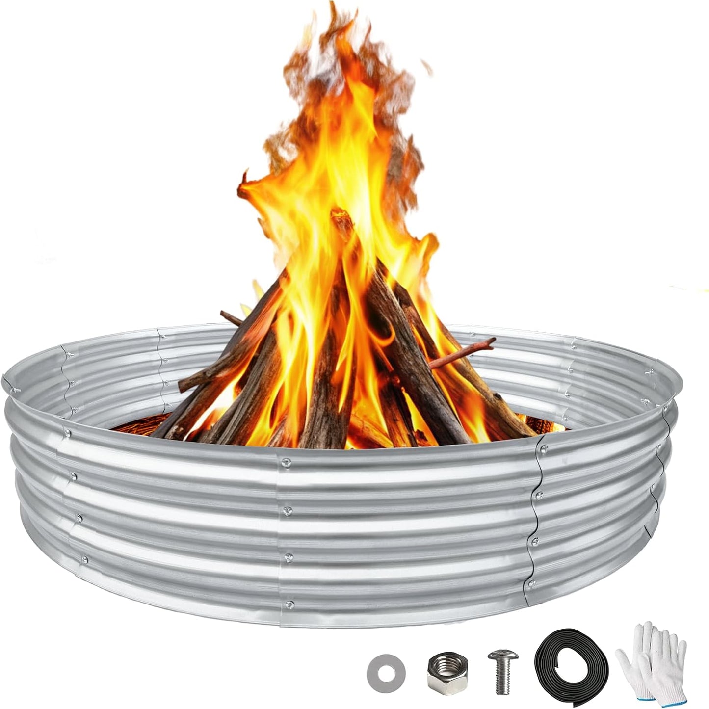 Galvanized Fire Pit Ring Outdoor round Heavy Duty Steel 60 Inch Large Fire Ring for Backyard, Camping, Gardening, Bonfire, Beach, 5FT Sliver