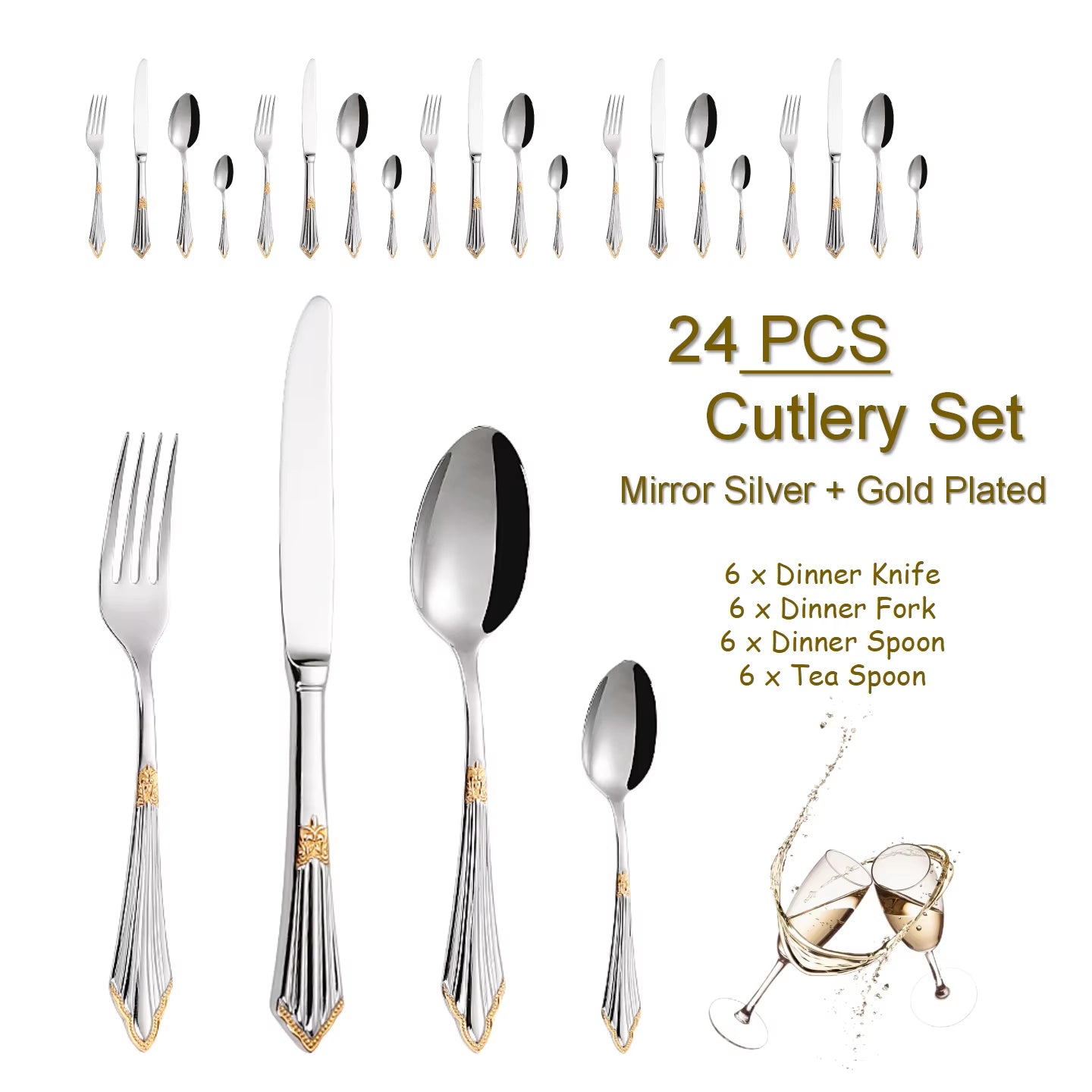 4/8/12/16/20/24/28 PCS Luxury Gold Plated Flatware Set Dishwasher Safe Cutlery Antique Silverware with Hollow Handle Table Knife