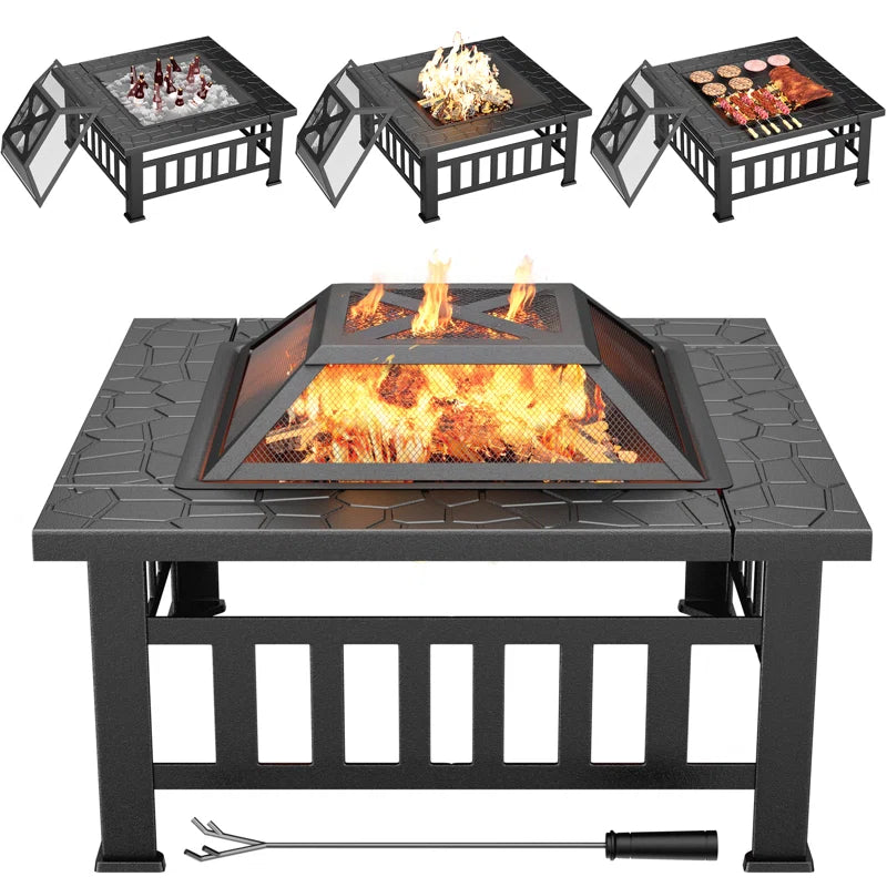 32'' Outdoor Square Fire Pit with Lid