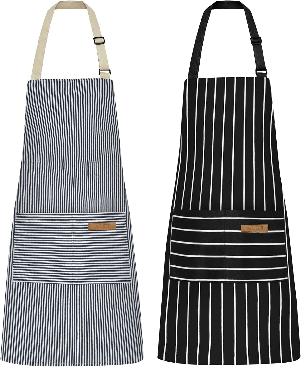 2 Pack Kitchen Cooking Aprons, Adjustable Bib Soft Chef Apron with 2 Pockets for Men Women(Black/Brown Stripes)