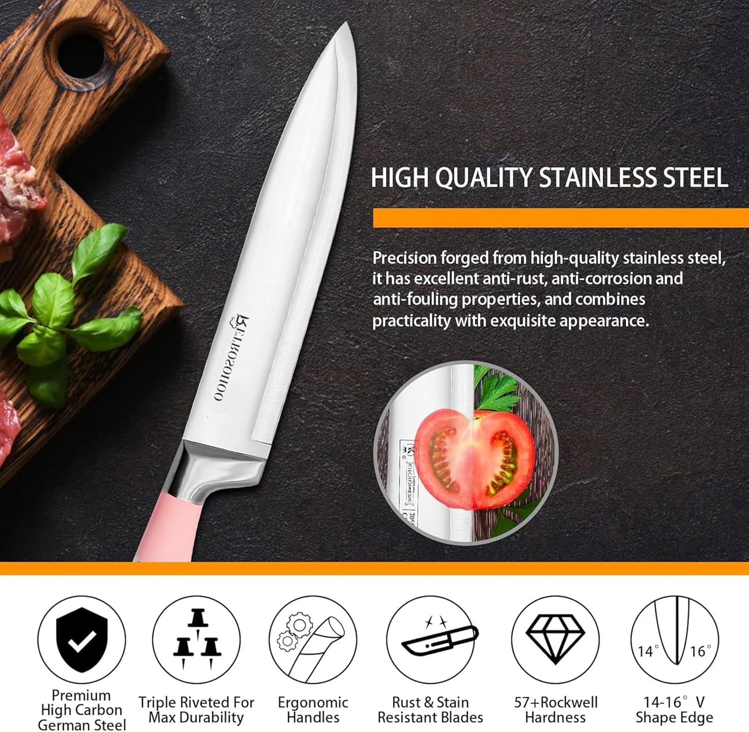 Kitchen Knife Set,  9-Pieces Pink Sharp Non-Stick Coated Chef Knives Block Set,Stainless Steel Knife Set for Kitchen with Sharpener for Cutting Slicing Dicing Chopping (Pink)