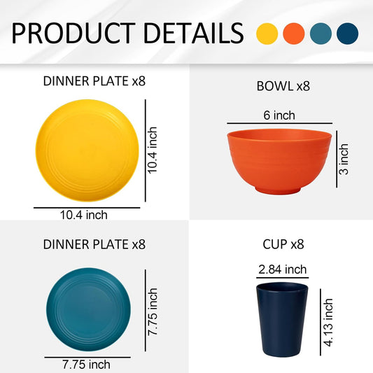 32Pcs Wheat Straw Dinnerware Sets,Plastic Plates and Bowls Sets for 8,Unbreakable Plates and Bowls Sets Dishwasher Safe Microwave Safe Fun Colors Perfect for Cooking Family Camping Picnics