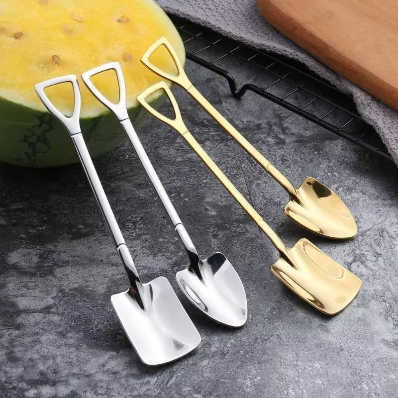 Stainless Steel Shovel Spoons Gold Silver Mini Coffee Teaspoon Fruit Ice Cream Dessert Spoon Scoops Kitchen Tableware Set 20/2Pc