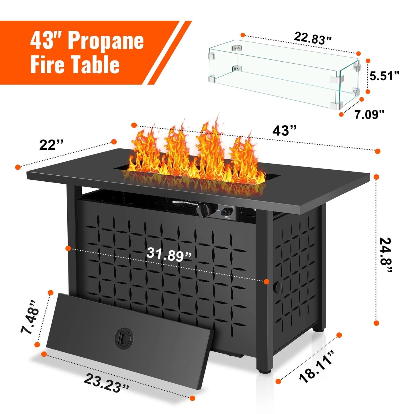 43" Propane Fire Pit with Wind Guard, 60,000 BTU 2 in 1 Auto-Ignition Rectangular Natural Gas Fire Pits Table W/ Glass Beads and Steel Lid for Outside, Porch, Patio