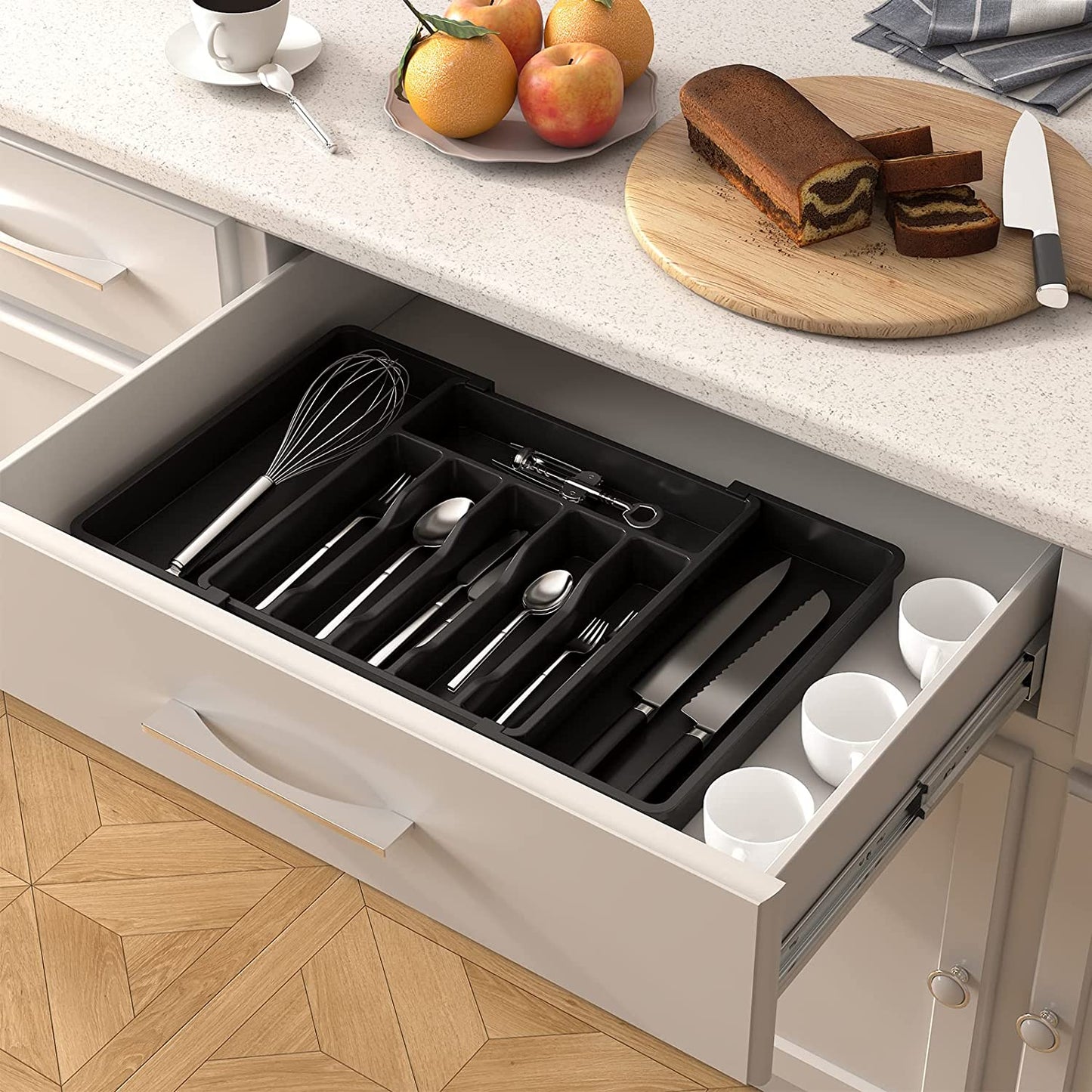 Silverware Drawer Organizer, Expandable Utensil Tray for Kitchen, BPA Free Flatware and Cutlery Holder, Adjustable Plastic Storage for Spoons Forks Knives, Large, Black