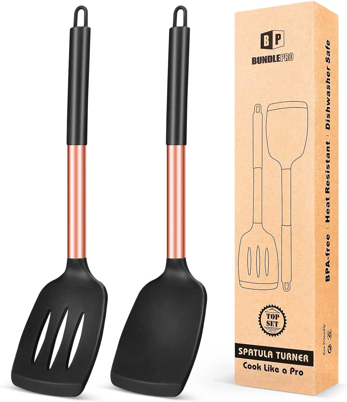 Pack of 2 Silicone Solid Turner, Non Stick Slotted Kitchen Spatulas, High Heat Resistant BPA Free Cooking Utensils, Ideal Cookware for Fish, Eggs, Pancakes(Black)